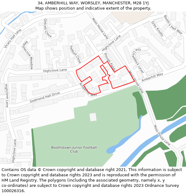 34, AMBERHILL WAY, WORSLEY, MANCHESTER, M28 1YJ: Location map and indicative extent of plot