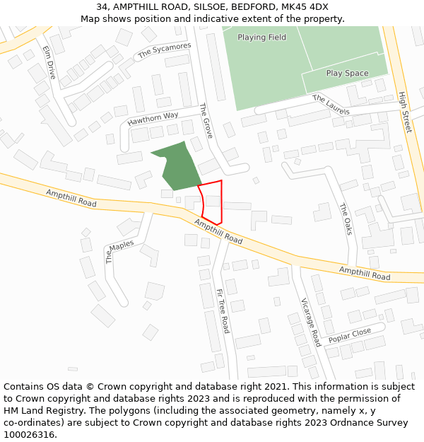 34, AMPTHILL ROAD, SILSOE, BEDFORD, MK45 4DX: Location map and indicative extent of plot