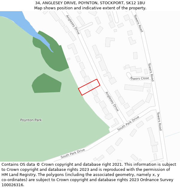 34, ANGLESEY DRIVE, POYNTON, STOCKPORT, SK12 1BU: Location map and indicative extent of plot