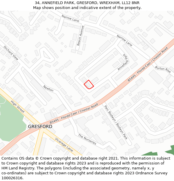 34, ANNEFIELD PARK, GRESFORD, WREXHAM, LL12 8NR: Location map and indicative extent of plot