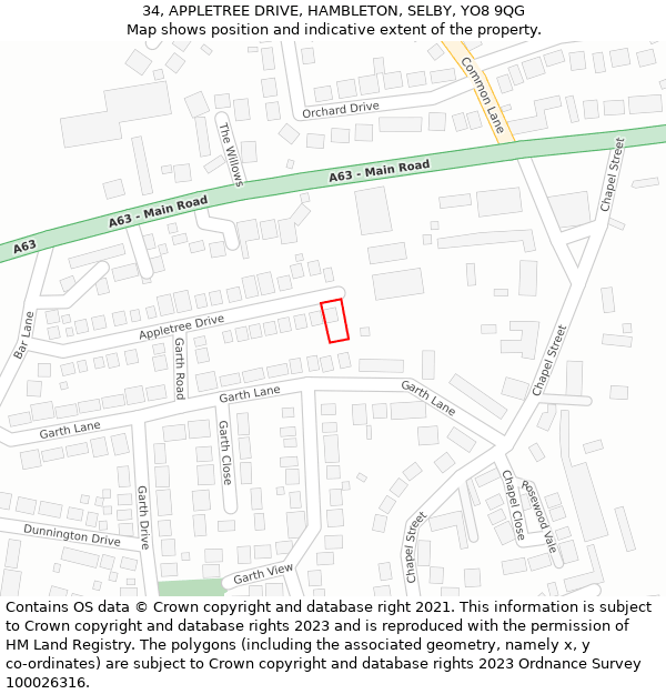 34, APPLETREE DRIVE, HAMBLETON, SELBY, YO8 9QG: Location map and indicative extent of plot