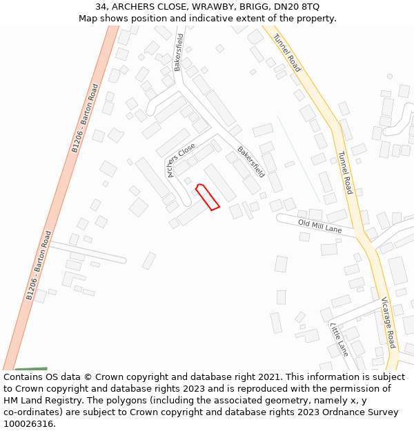 34, ARCHERS CLOSE, WRAWBY, BRIGG, DN20 8TQ: Location map and indicative extent of plot