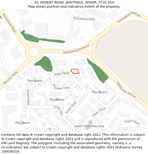 34, ARDENT ROAD, WHITFIELD, DOVER, CT16 2GH: Location map and indicative extent of plot