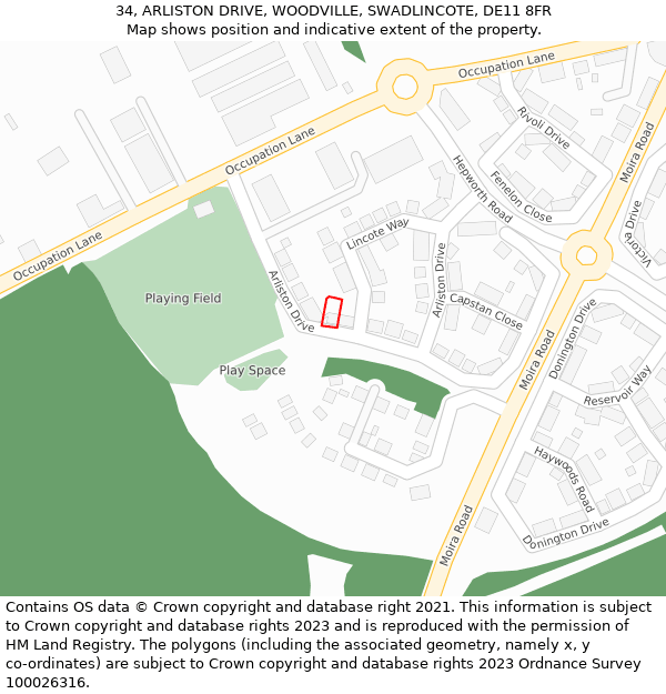 34, ARLISTON DRIVE, WOODVILLE, SWADLINCOTE, DE11 8FR: Location map and indicative extent of plot