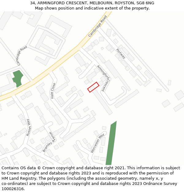 34, ARMINGFORD CRESCENT, MELBOURN, ROYSTON, SG8 6NG: Location map and indicative extent of plot