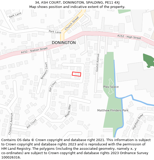 34, ASH COURT, DONINGTON, SPALDING, PE11 4XJ: Location map and indicative extent of plot