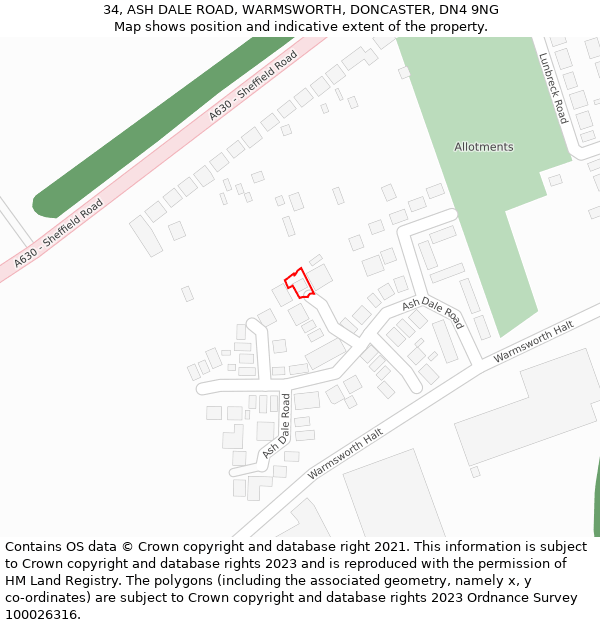 34, ASH DALE ROAD, WARMSWORTH, DONCASTER, DN4 9NG: Location map and indicative extent of plot