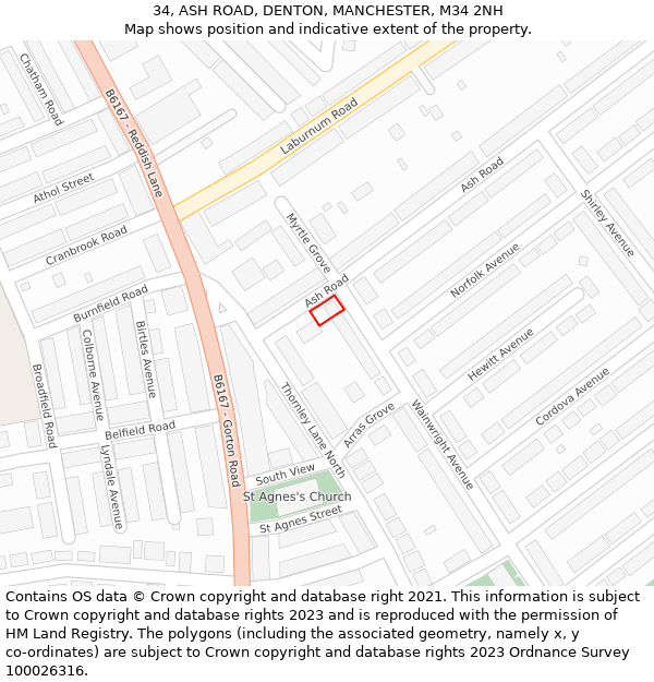 34, ASH ROAD, DENTON, MANCHESTER, M34 2NH: Location map and indicative extent of plot