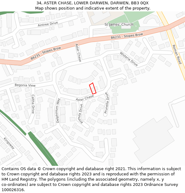 34, ASTER CHASE, LOWER DARWEN, DARWEN, BB3 0QX: Location map and indicative extent of plot