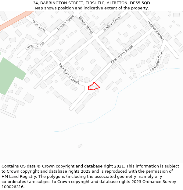 34, BABBINGTON STREET, TIBSHELF, ALFRETON, DE55 5QD: Location map and indicative extent of plot