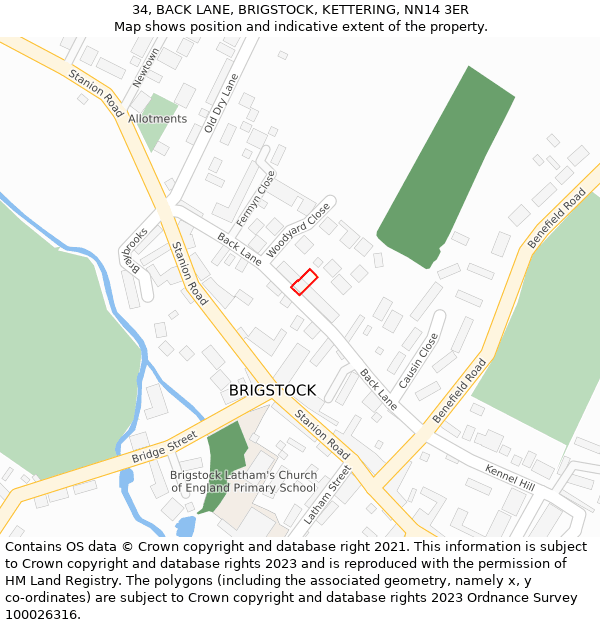 34, BACK LANE, BRIGSTOCK, KETTERING, NN14 3ER: Location map and indicative extent of plot