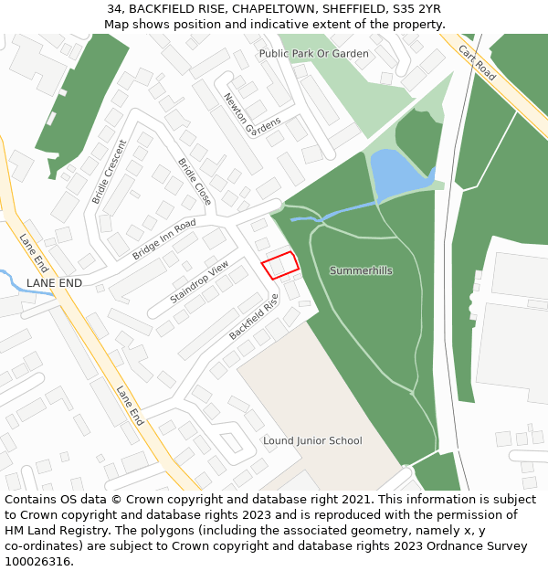 34, BACKFIELD RISE, CHAPELTOWN, SHEFFIELD, S35 2YR: Location map and indicative extent of plot