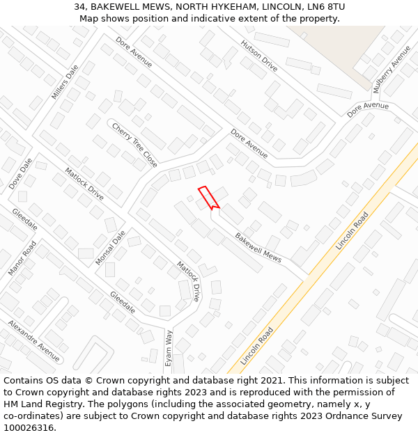 34, BAKEWELL MEWS, NORTH HYKEHAM, LINCOLN, LN6 8TU: Location map and indicative extent of plot