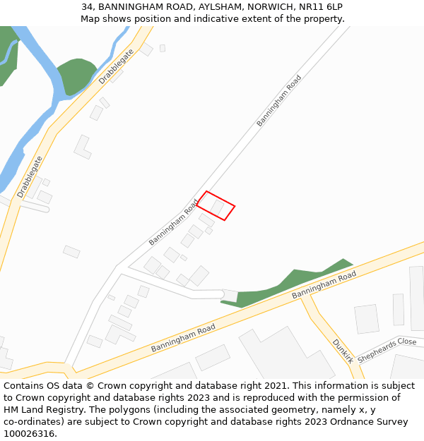 34, BANNINGHAM ROAD, AYLSHAM, NORWICH, NR11 6LP: Location map and indicative extent of plot