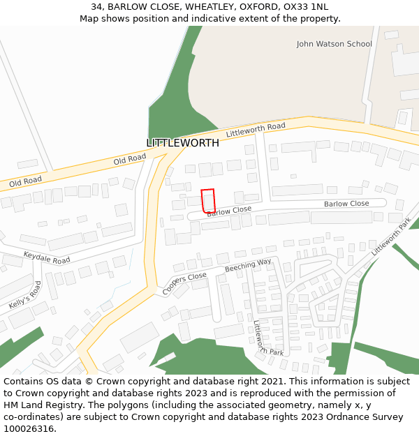 34, BARLOW CLOSE, WHEATLEY, OXFORD, OX33 1NL: Location map and indicative extent of plot