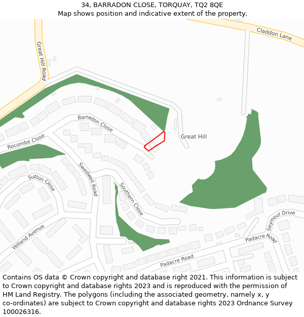 34, BARRADON CLOSE, TORQUAY, TQ2 8QE: Location map and indicative extent of plot