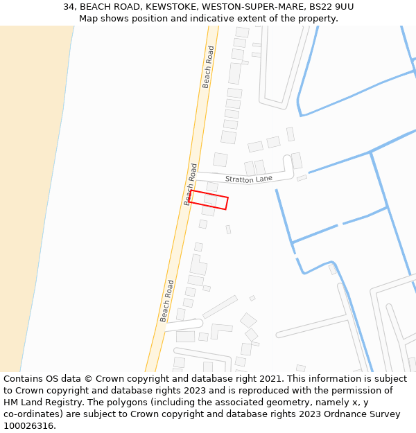 34, BEACH ROAD, KEWSTOKE, WESTON-SUPER-MARE, BS22 9UU: Location map and indicative extent of plot