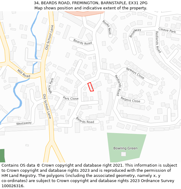 34, BEARDS ROAD, FREMINGTON, BARNSTAPLE, EX31 2PG: Location map and indicative extent of plot