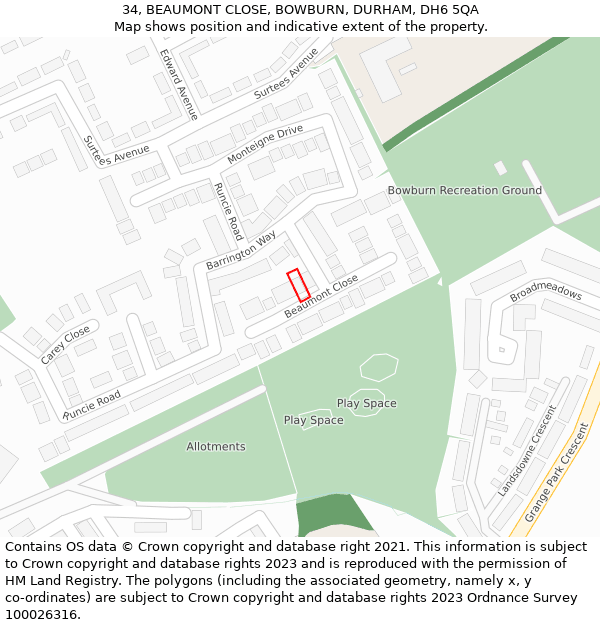 34, BEAUMONT CLOSE, BOWBURN, DURHAM, DH6 5QA: Location map and indicative extent of plot