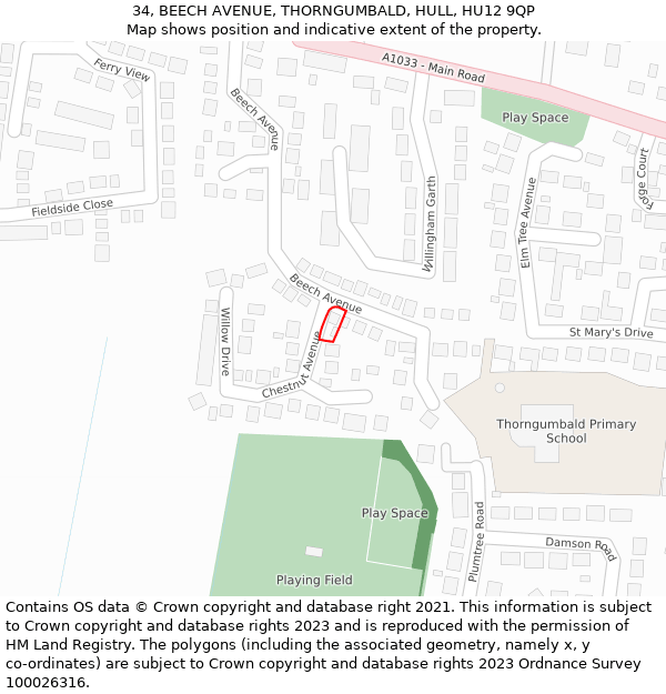 34, BEECH AVENUE, THORNGUMBALD, HULL, HU12 9QP: Location map and indicative extent of plot