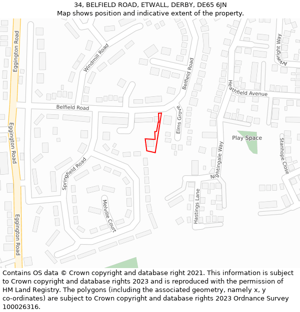 34, BELFIELD ROAD, ETWALL, DERBY, DE65 6JN: Location map and indicative extent of plot