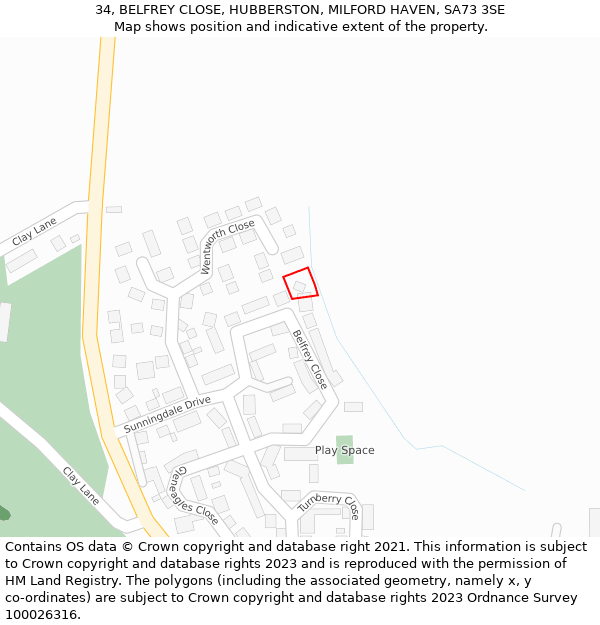 34, BELFREY CLOSE, HUBBERSTON, MILFORD HAVEN, SA73 3SE: Location map and indicative extent of plot