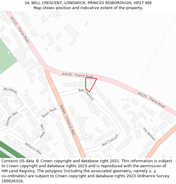 34, BELL CRESCENT, LONGWICK, PRINCES RISBOROUGH, HP27 9SE: Location map and indicative extent of plot