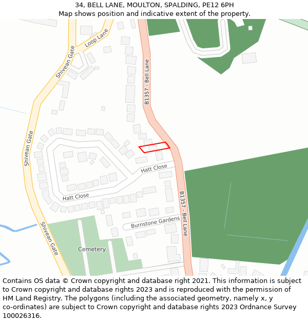 34, BELL LANE, MOULTON, SPALDING, PE12 6PH: Location map and indicative extent of plot