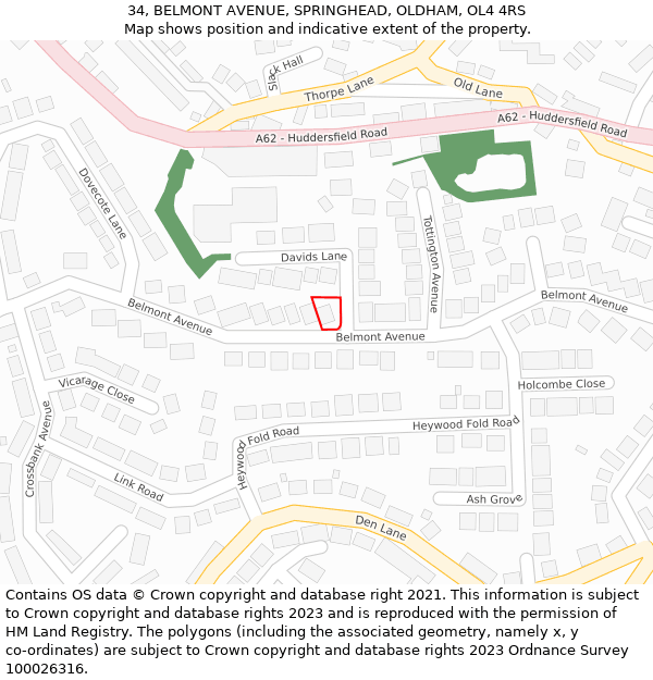 34, BELMONT AVENUE, SPRINGHEAD, OLDHAM, OL4 4RS: Location map and indicative extent of plot