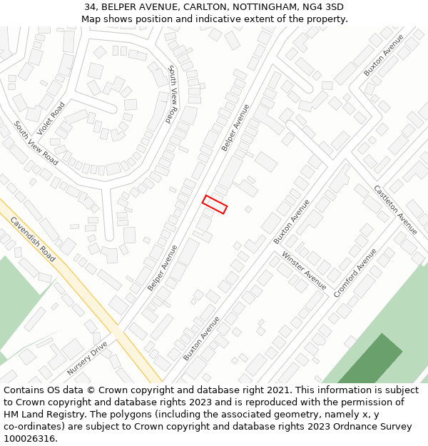34, BELPER AVENUE, CARLTON, NOTTINGHAM, NG4 3SD: Location map and indicative extent of plot