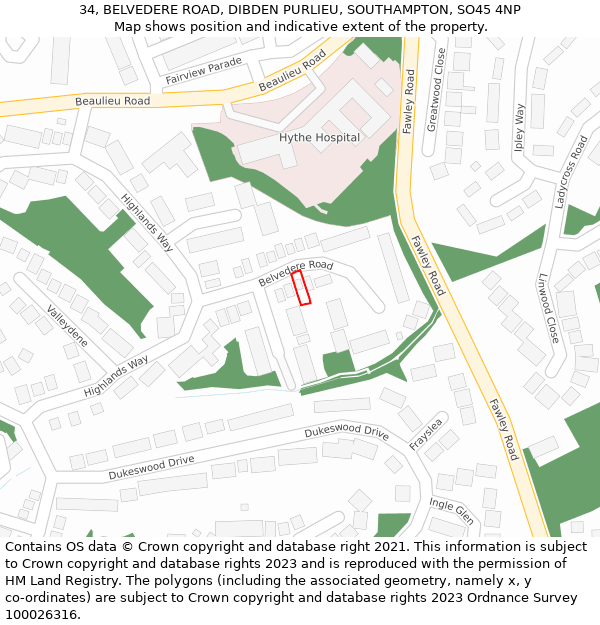 34, BELVEDERE ROAD, DIBDEN PURLIEU, SOUTHAMPTON, SO45 4NP: Location map and indicative extent of plot