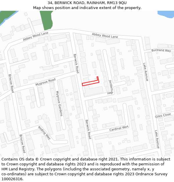 34, BERWICK ROAD, RAINHAM, RM13 9QU: Location map and indicative extent of plot