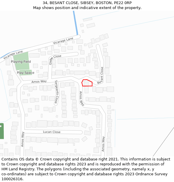 34, BESANT CLOSE, SIBSEY, BOSTON, PE22 0RP: Location map and indicative extent of plot