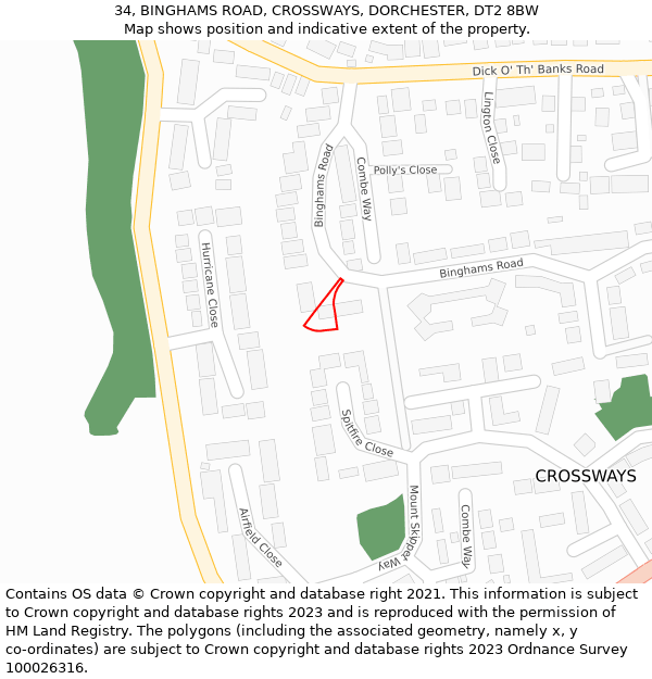 34, BINGHAMS ROAD, CROSSWAYS, DORCHESTER, DT2 8BW: Location map and indicative extent of plot