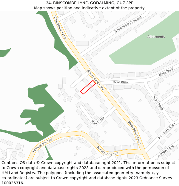 34, BINSCOMBE LANE, GODALMING, GU7 3PP: Location map and indicative extent of plot