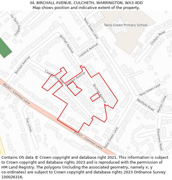 34, BIRCHALL AVENUE, CULCHETH, WARRINGTON, WA3 4DD: Location map and indicative extent of plot