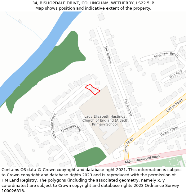 34, BISHOPDALE DRIVE, COLLINGHAM, WETHERBY, LS22 5LP: Location map and indicative extent of plot
