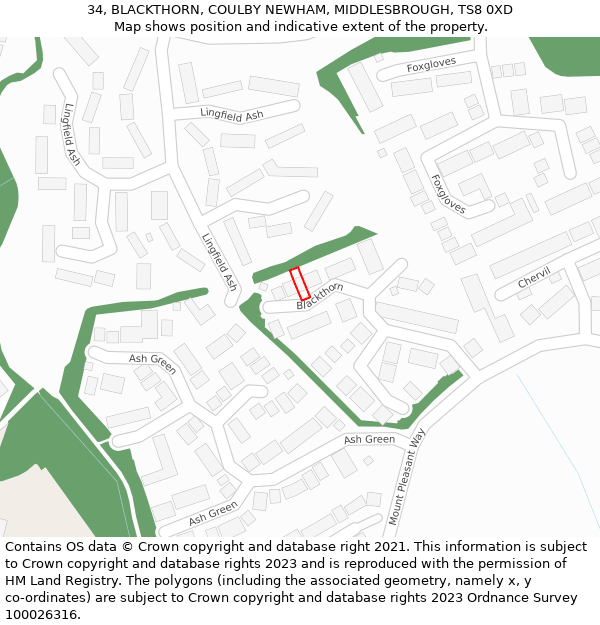 34, BLACKTHORN, COULBY NEWHAM, MIDDLESBROUGH, TS8 0XD: Location map and indicative extent of plot