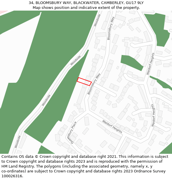 34, BLOOMSBURY WAY, BLACKWATER, CAMBERLEY, GU17 9LY: Location map and indicative extent of plot