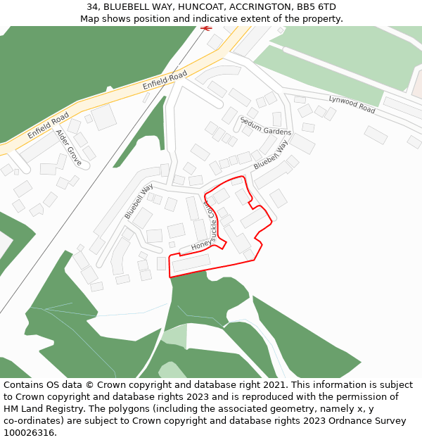 34, BLUEBELL WAY, HUNCOAT, ACCRINGTON, BB5 6TD: Location map and indicative extent of plot