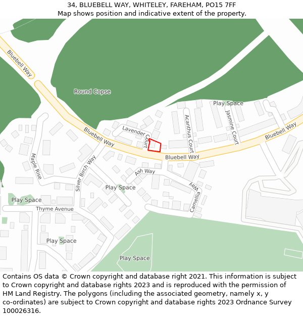 34, BLUEBELL WAY, WHITELEY, FAREHAM, PO15 7FF: Location map and indicative extent of plot