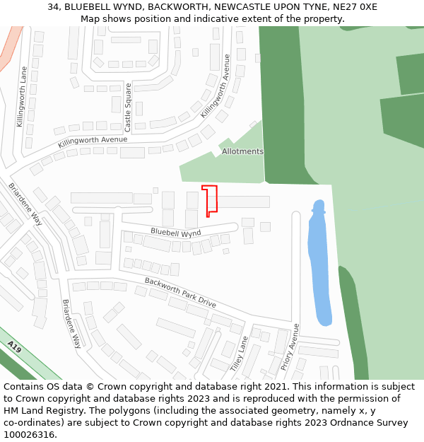 34, BLUEBELL WYND, BACKWORTH, NEWCASTLE UPON TYNE, NE27 0XE: Location map and indicative extent of plot