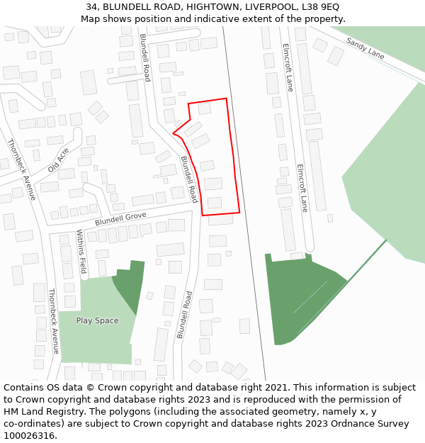 34, BLUNDELL ROAD, HIGHTOWN, LIVERPOOL, L38 9EQ: Location map and indicative extent of plot