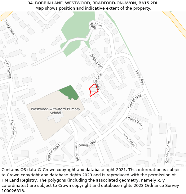 34, BOBBIN LANE, WESTWOOD, BRADFORD-ON-AVON, BA15 2DL: Location map and indicative extent of plot