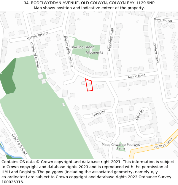 34, BODELWYDDAN AVENUE, OLD COLWYN, COLWYN BAY, LL29 9NP: Location map and indicative extent of plot