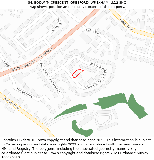 34, BODWYN CRESCENT, GRESFORD, WREXHAM, LL12 8NQ: Location map and indicative extent of plot