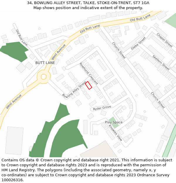 34, BOWLING ALLEY STREET, TALKE, STOKE-ON-TRENT, ST7 1GA: Location map and indicative extent of plot