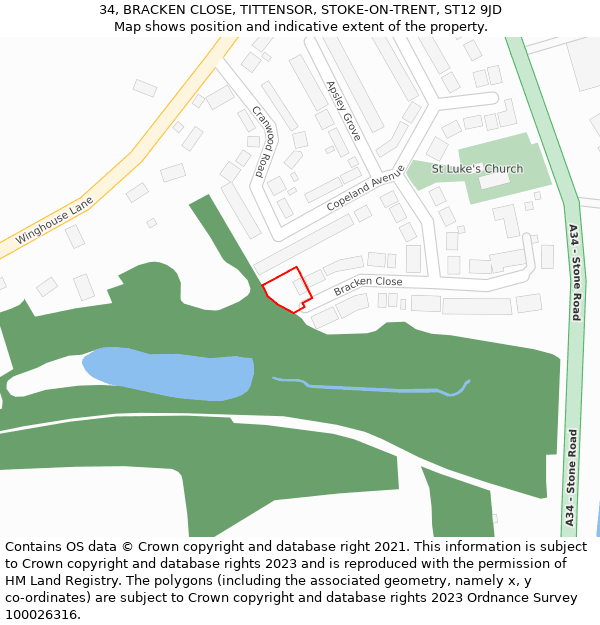 34, BRACKEN CLOSE, TITTENSOR, STOKE-ON-TRENT, ST12 9JD: Location map and indicative extent of plot