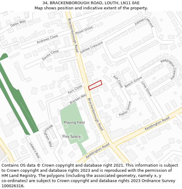 34, BRACKENBOROUGH ROAD, LOUTH, LN11 0AE: Location map and indicative extent of plot