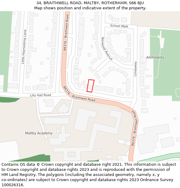 34, BRAITHWELL ROAD, MALTBY, ROTHERHAM, S66 8JU: Location map and indicative extent of plot
